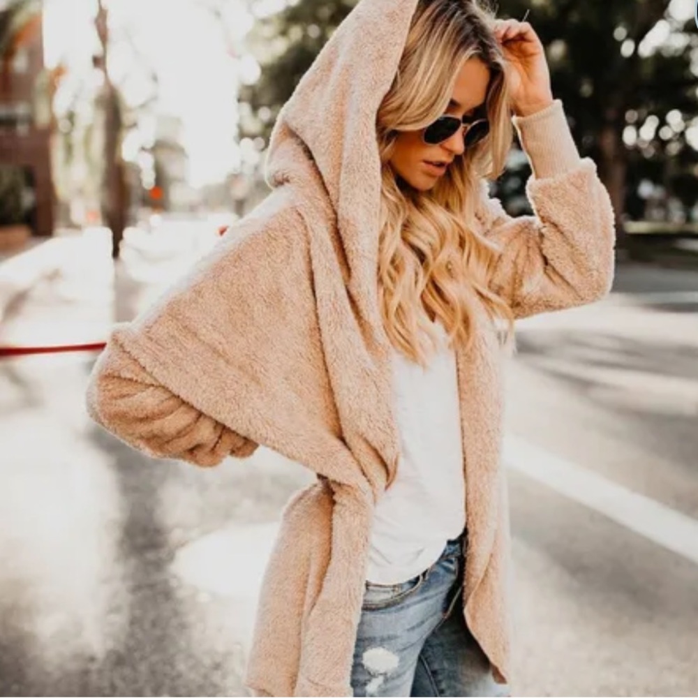 Tan Soft Cozy Pocket Hood Sherpa Lightweight Fleece Teddy Jacket Coat cardigan - Picture 4 of 7